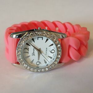 Girls' Women's Pink Braided Stretch Silicone Rhinestone Watch - No Crown